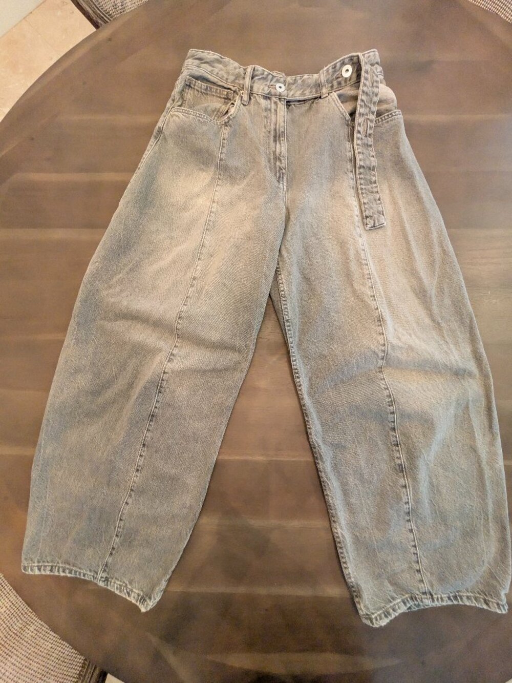 Zara Tie Waist Barrel Leg Denim | Gray Wash | Size 10